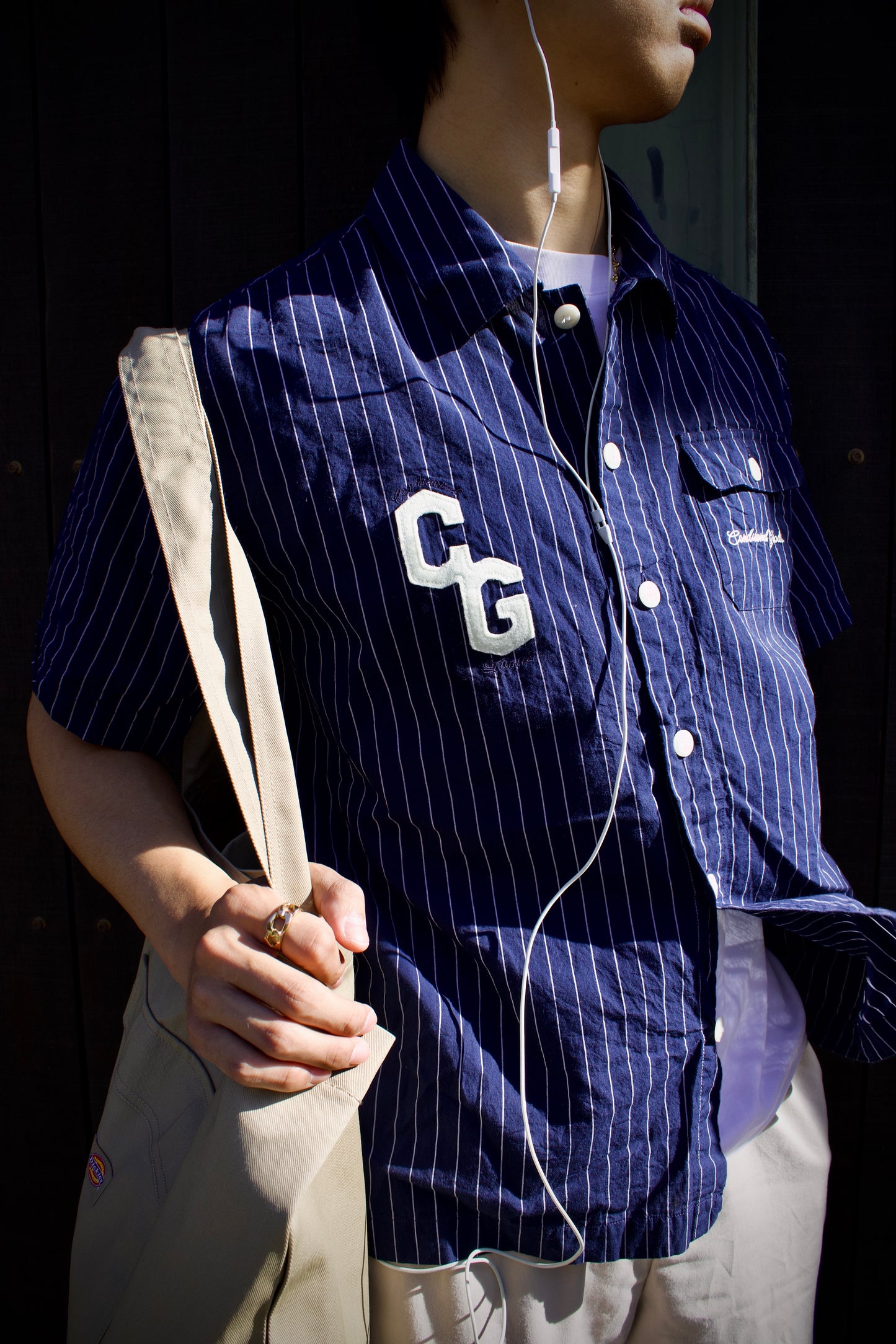 Appliqué Relaxed Fit S/S Shirt - Pinstripe Navy/White