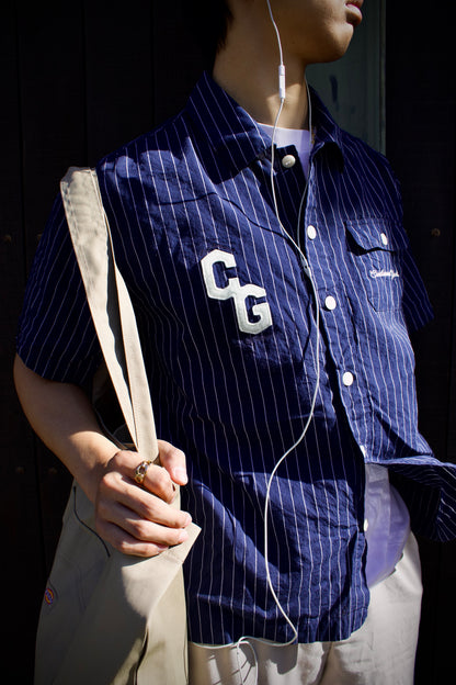 Appliqué Relaxed Fit S/S Shirt - Pinstripe Navy/White